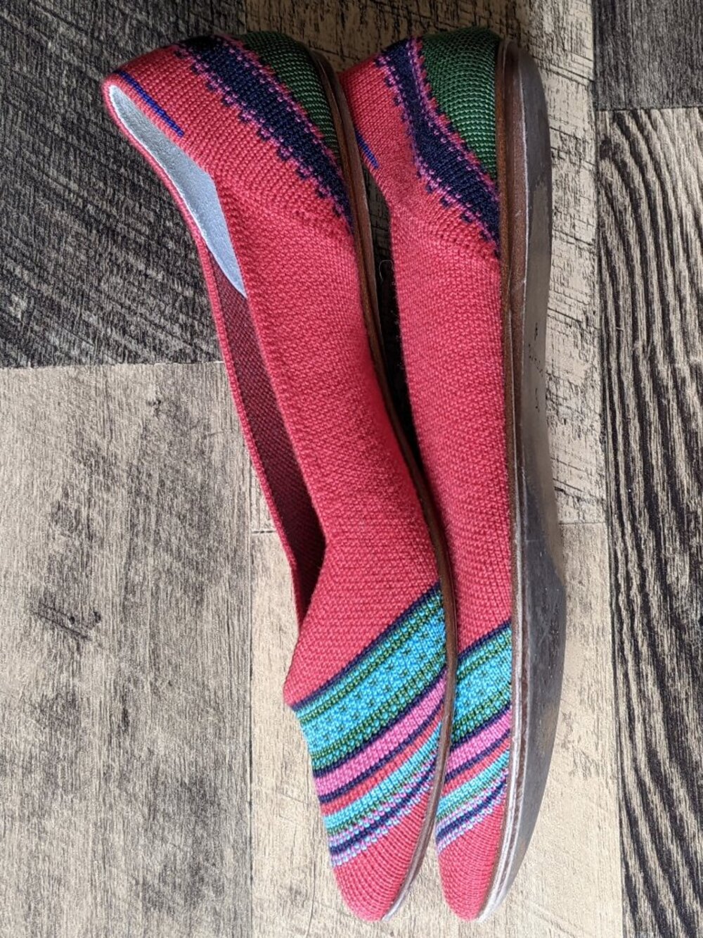 Rothy's Coral Pink Knit Pointed Toe Flats with Turquoise & Green Stripes - Picture 6 of 8
